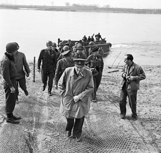 British Prime Minister, Mr Winston Churchill, looks over the Rhine