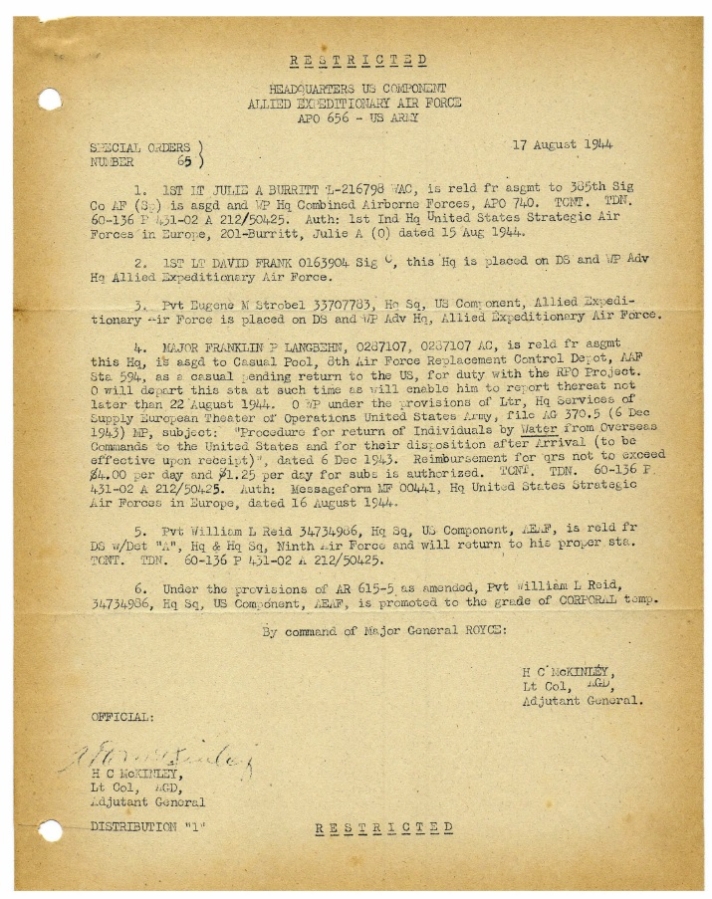 JULIE A. BURRITT, L-216798, WAC, Headquarters First Allied Airborne Army