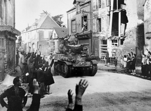 A French armoured column passing Sainte-Mère-Église